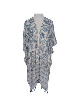 Cato Floral Kimono Womens One Size Blue Lightweight Tassels Festival Beachy